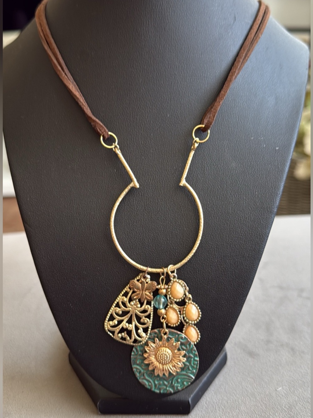 Boho Sunflower Pendant Necklace with Turquoise and Gold Accents Upcycled